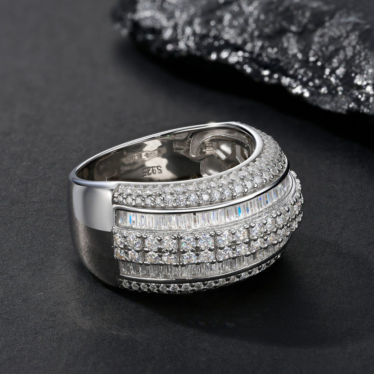 Ridgeline Moissanite Men's Ring in S925 Sterling Silver, styled product photo