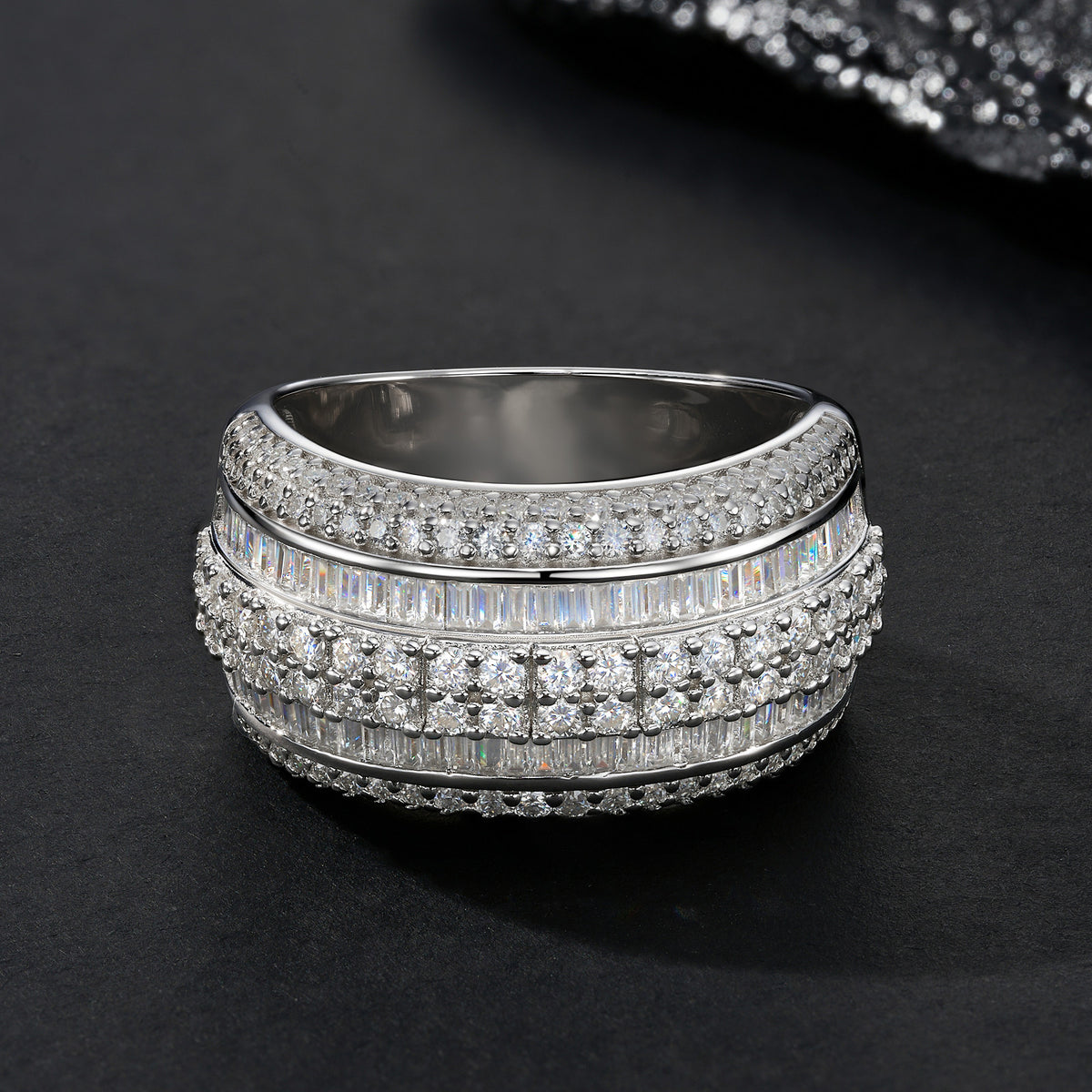 Ridgeline Moissanite Men's Ring in S925 Sterling Silver, styled product photo