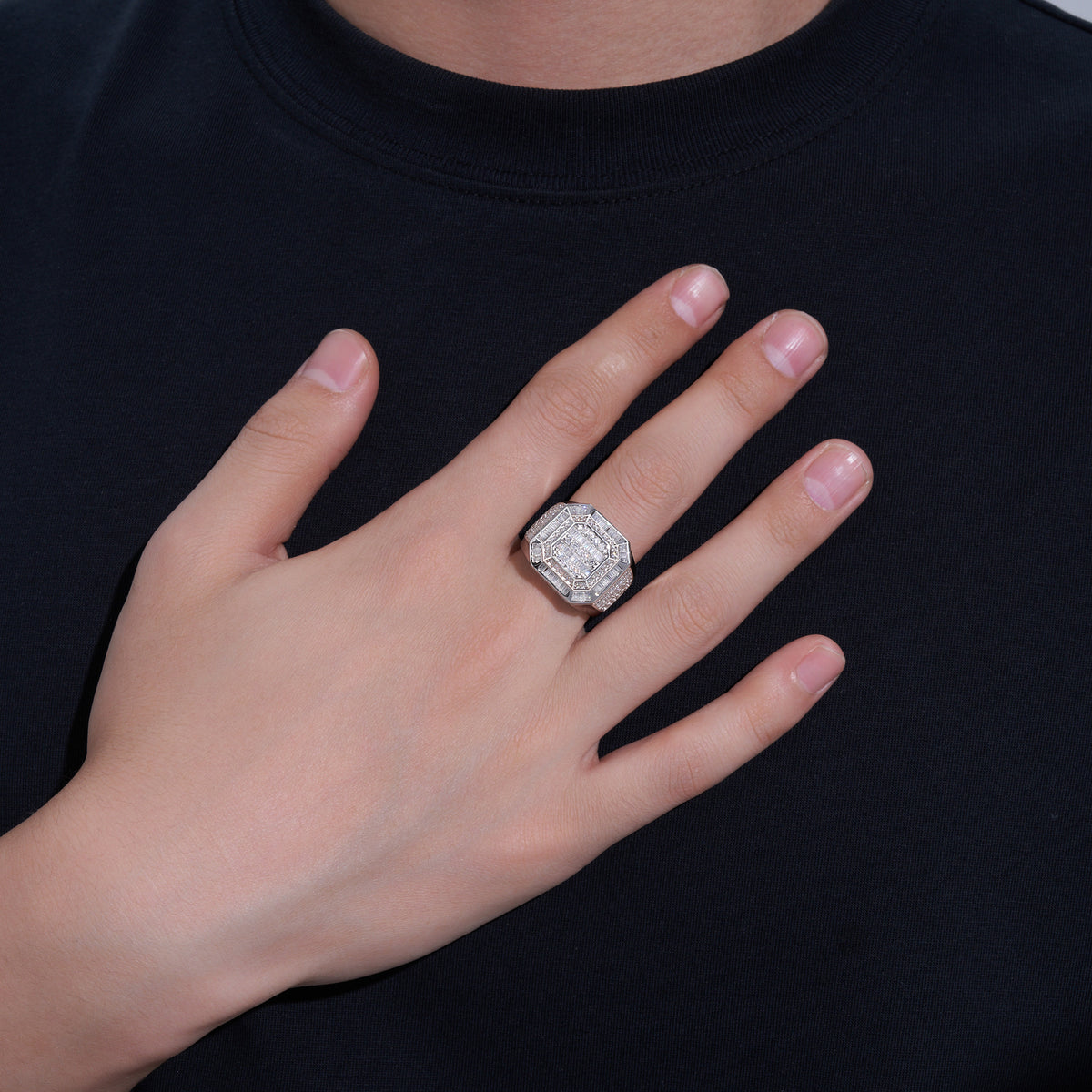 Monarch Moissanite Men's Ring in S925 Sterling Silver, shown worn