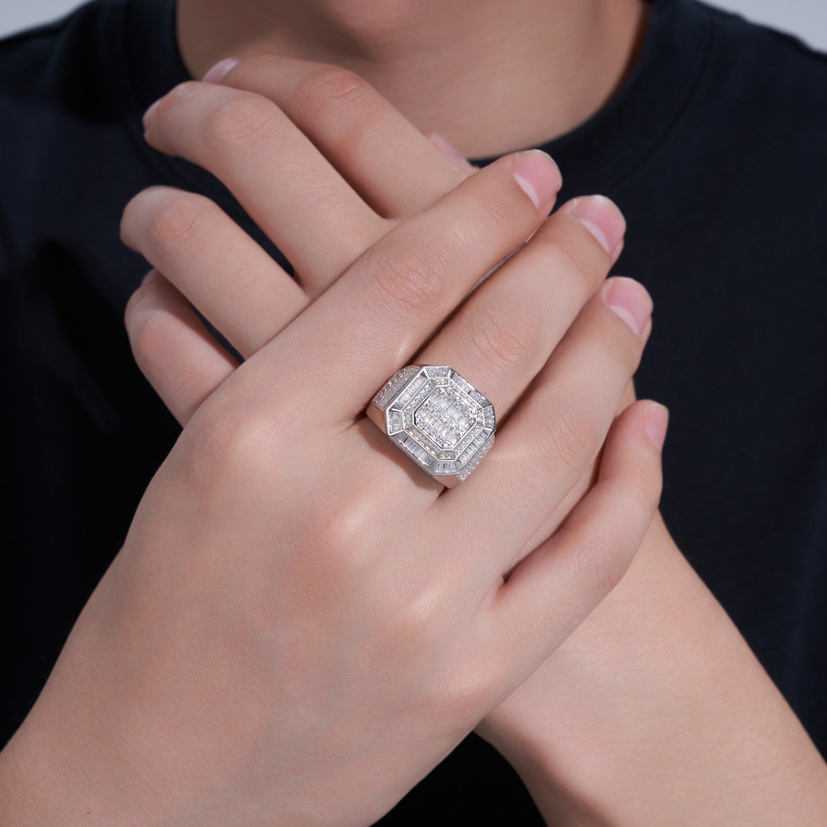 Monarch Moissanite Men's Ring in S925 Sterling Silver, shown worn