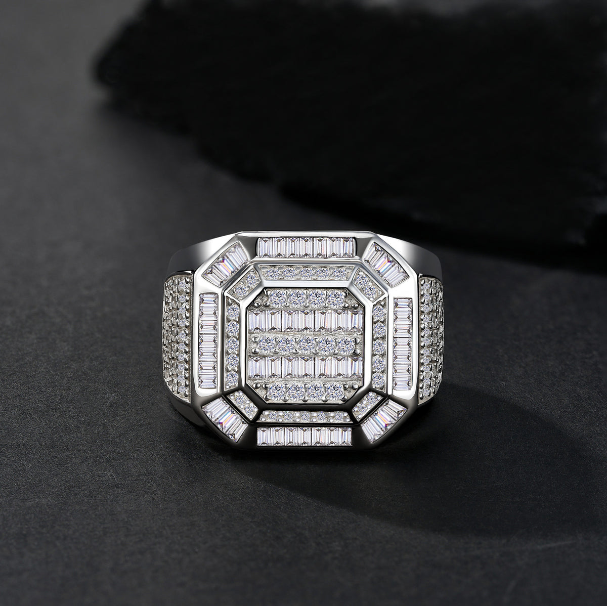 Monarch Moissanite Men's Ring in S925 Sterling Silver, styled product photo