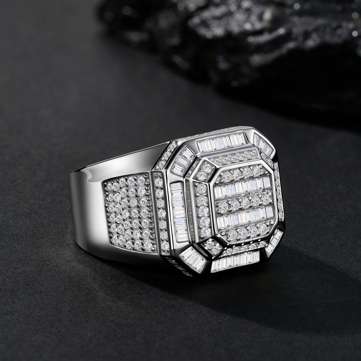 Monarch Moissanite Men's Ring in S925 Sterling Silver, styled product photo
