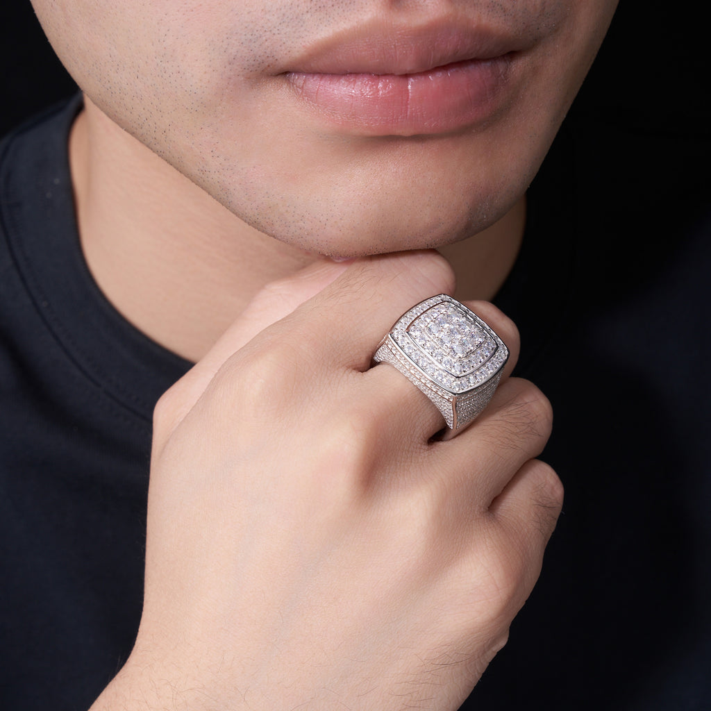 Titan Moissanite Men's Ring in S925 Sterling Silver, shown worn