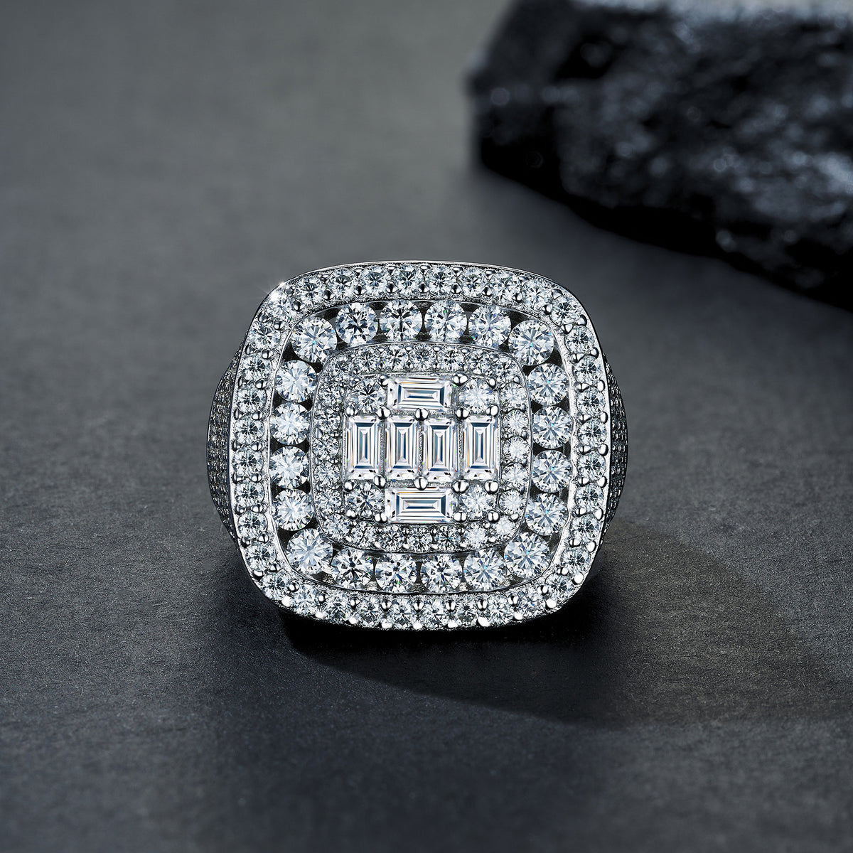 Baron Moissanite Men's Ring in S925 Sterling Silver, styled product photo