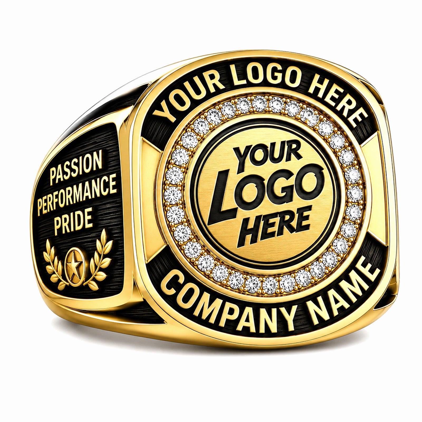 Personalized Company Logo Ring with Round Pave Halo