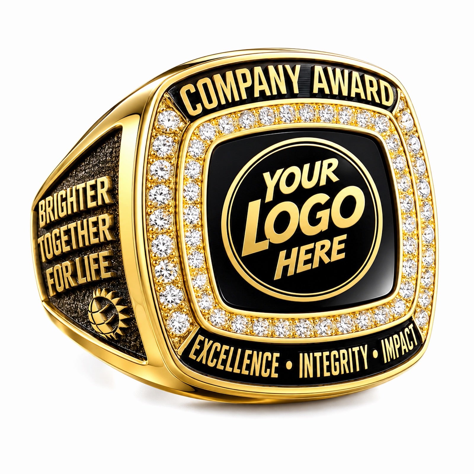 Personalized Company Award Ring with Double Pave Frame