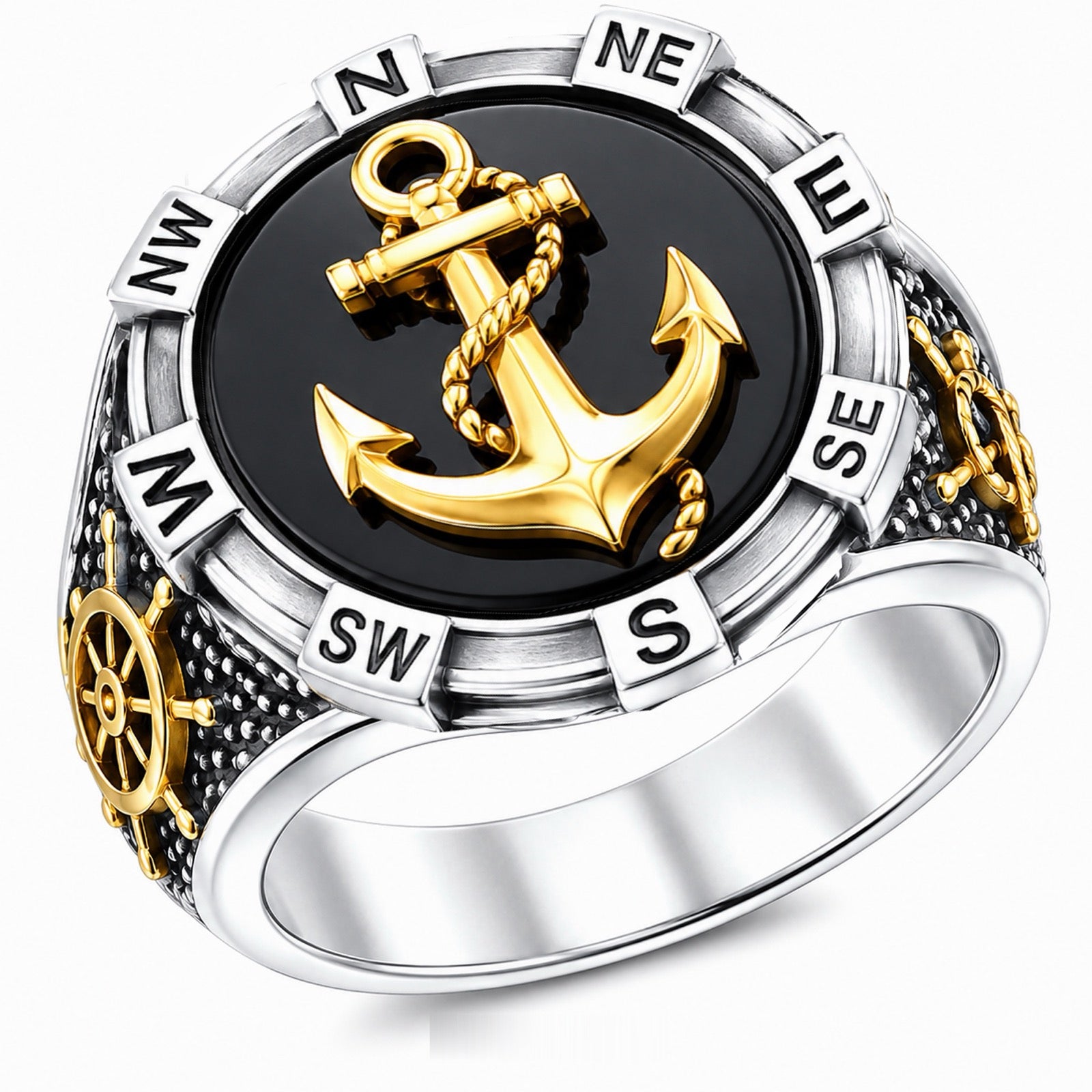 Nautical Compass Ring with Anchor and Ships Wheel