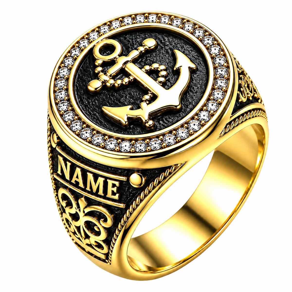 Anchor Signet Ring with Pave Halo and Name Panel