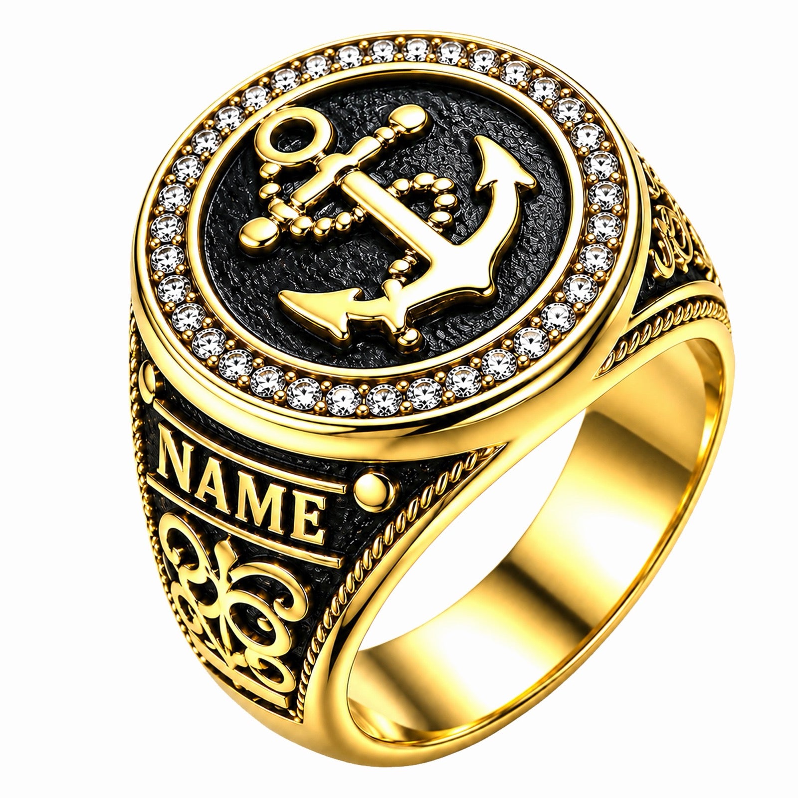 Anchor Signet Ring with Pave Halo and Name Panel — alternate view