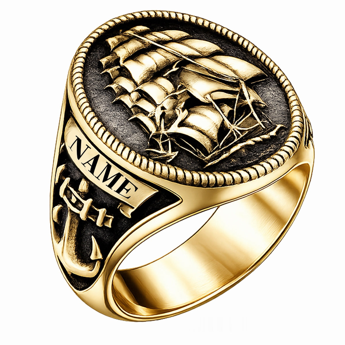 Tall Ship Signet Ring with Personalized Name Banner