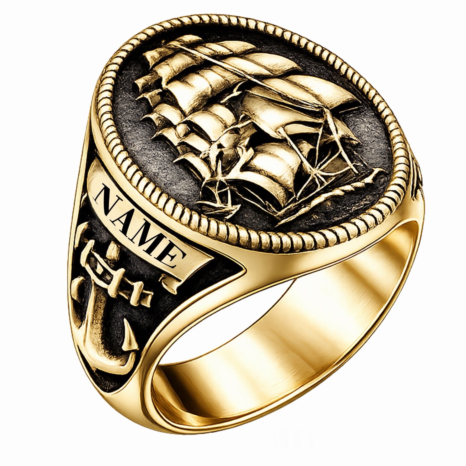 Tall Ship Signet Ring with Personalized Name Banner