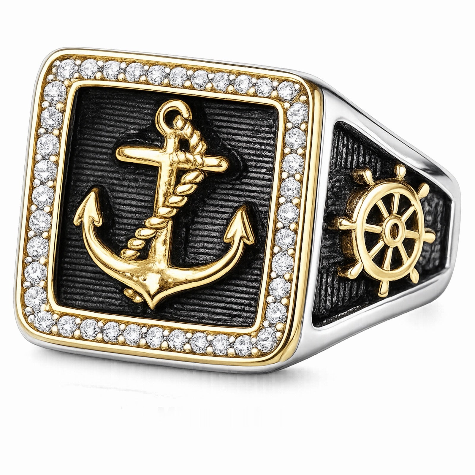 Anchor Ring with Square Pave Frame and Ships Wheel