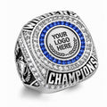 Custom Championship Ring with Blue and White Stone Halo