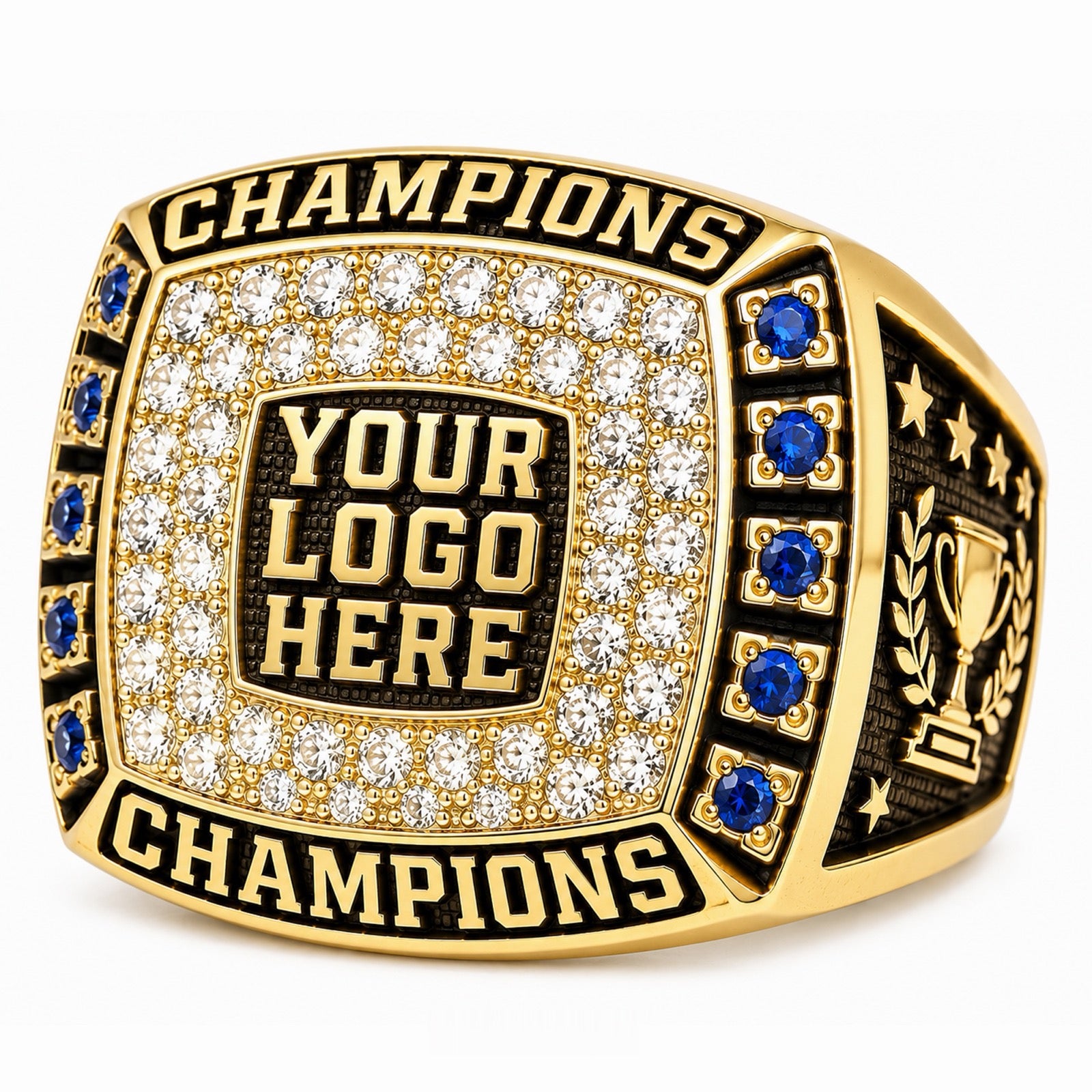 Custom Championship Ring with Pave Face and Blue Accents