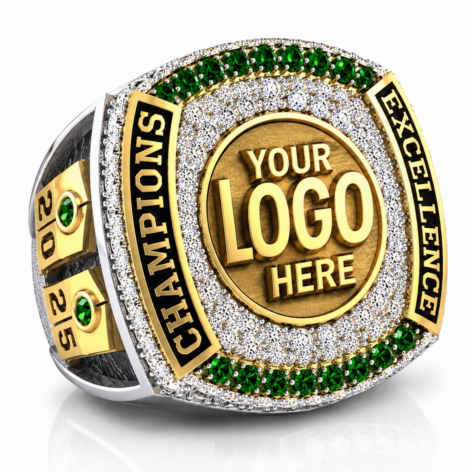 Custom Championship Ring with Green and White Pave