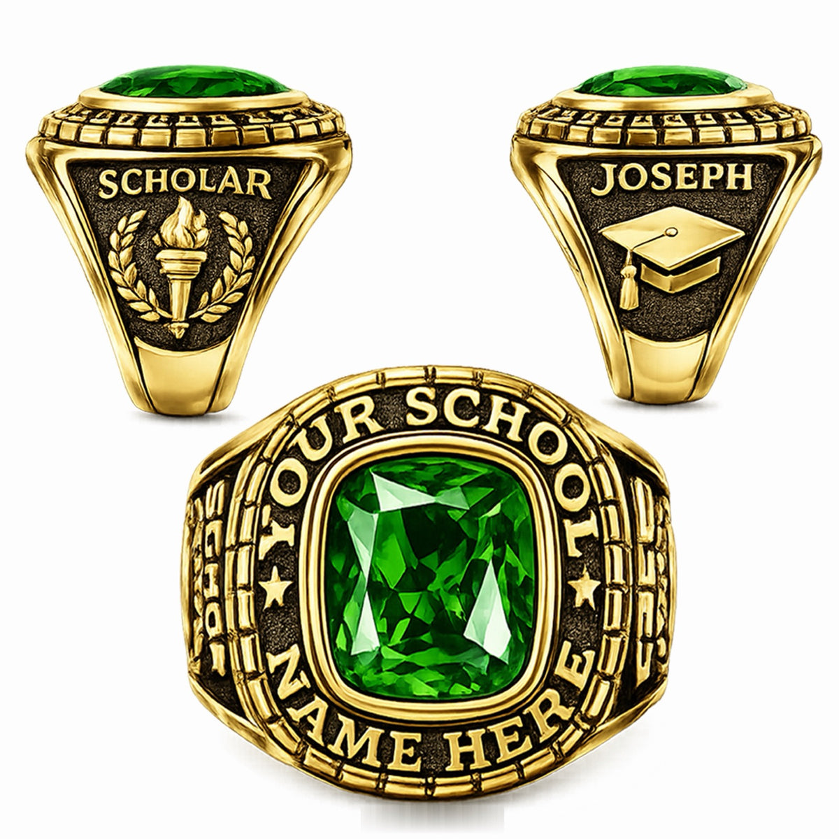 Custom Class Ring with Cushion Center Stone — alternate view