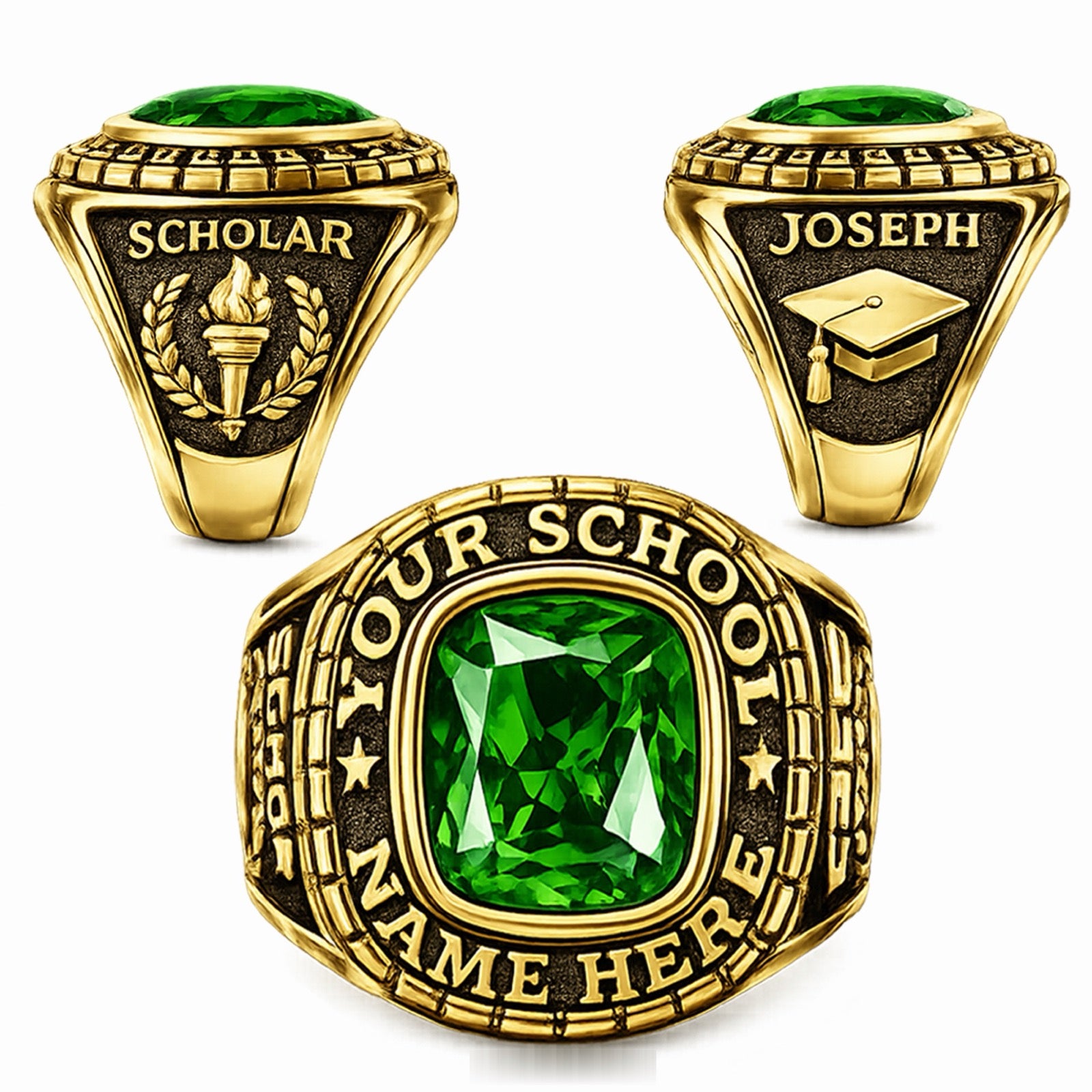 Custom Class Ring with Cushion Center Stone — alternate view