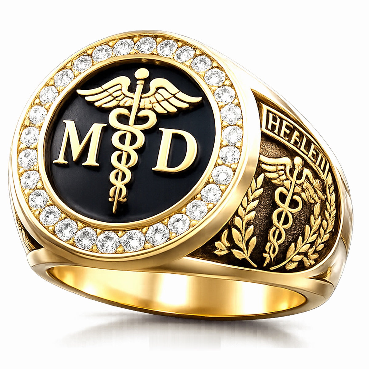 MD Caduceus Signet Ring with Pave Halo