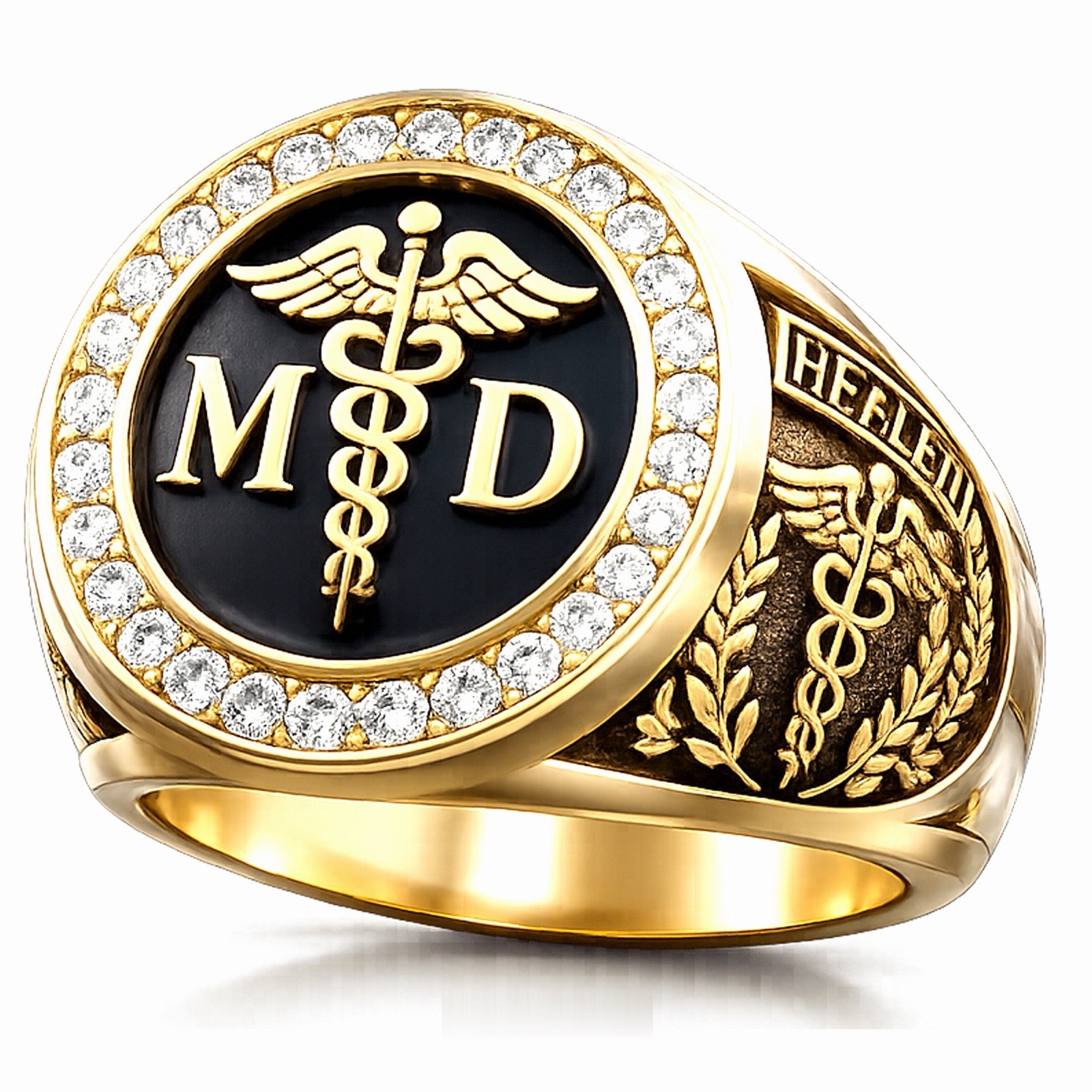 MD Caduceus Signet Ring with Pave Halo