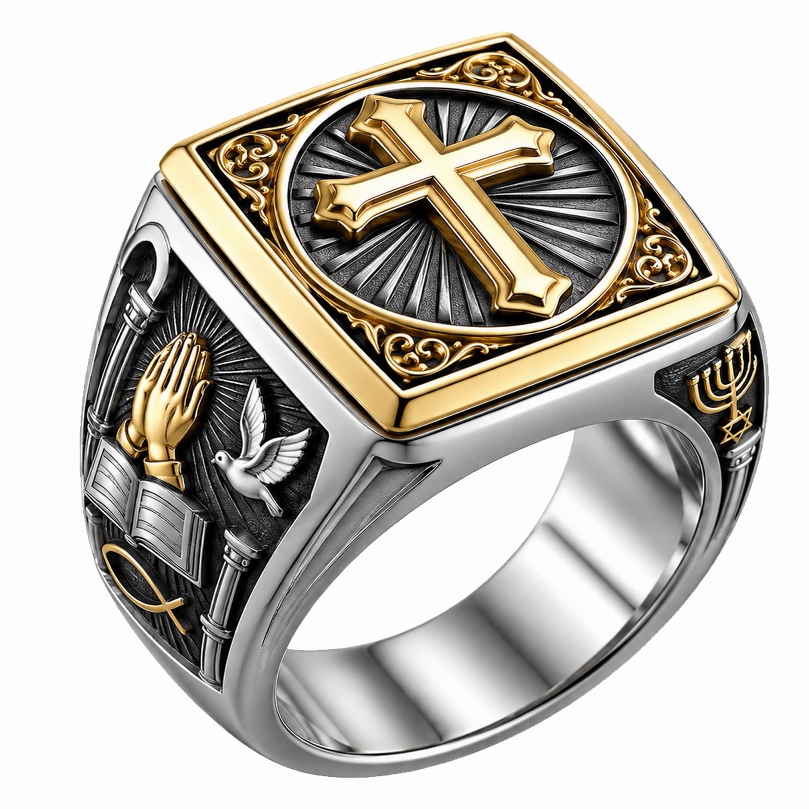 Christian Cross Signet Ring with Praying Hands and Dove