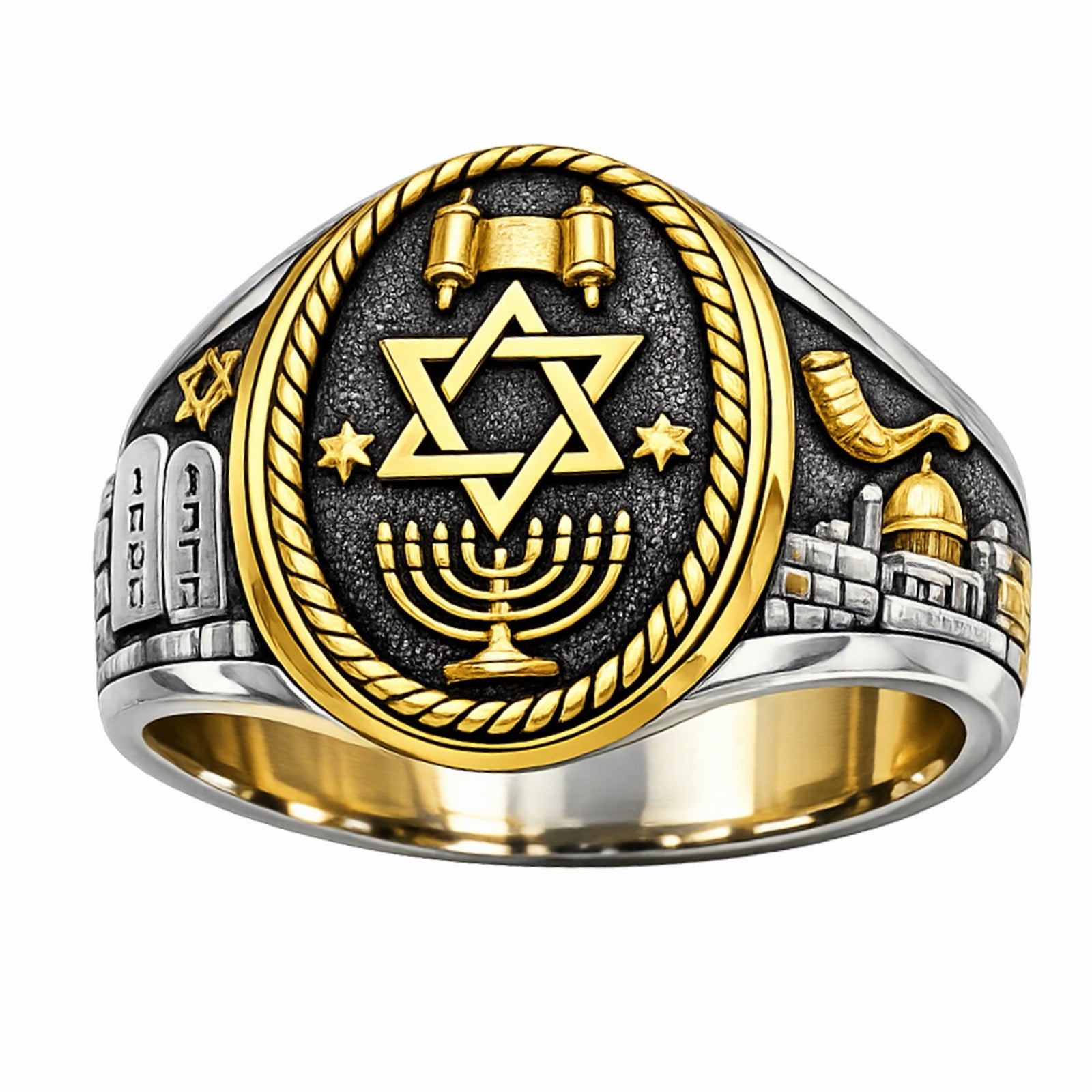 Star of David Ring with Menorah and Torah Scroll