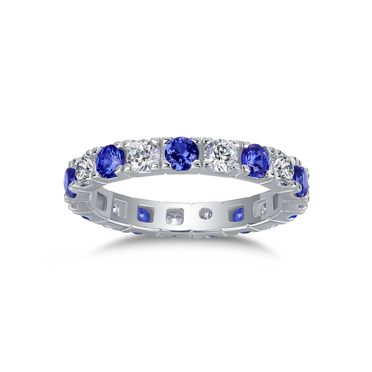 Azure Lab-Grown Sapphire & Moissanite Eternity Band Ring in Sterling Silver, product photo on white background