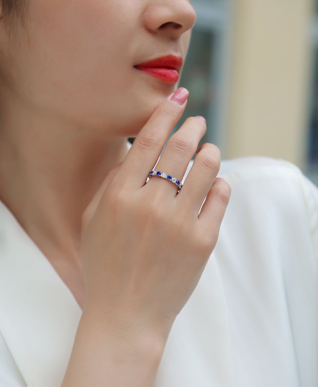 Azure Lab-Grown Sapphire & Moissanite Eternity Band Ring in Sterling Silver, shown worn