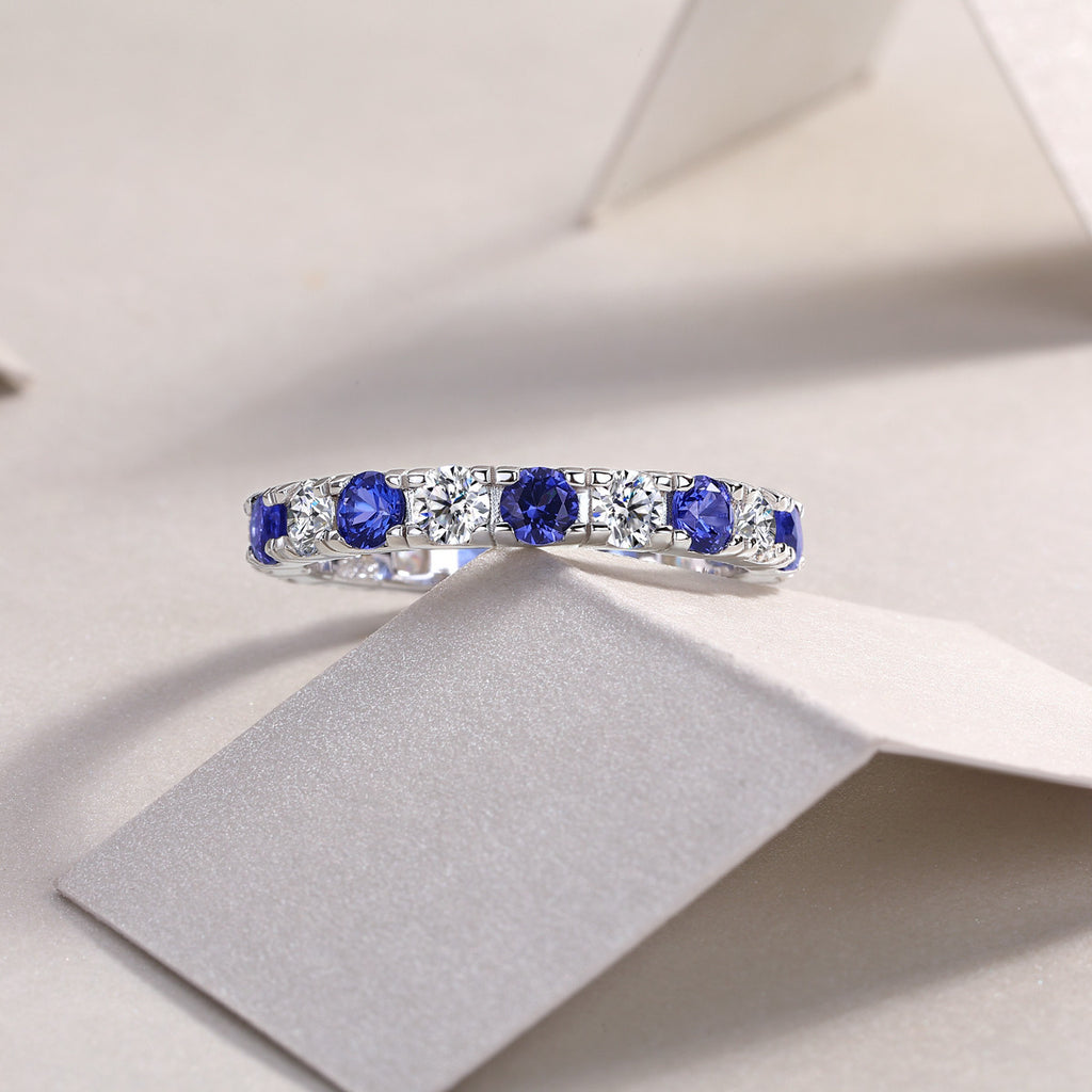 Azure Lab-Grown Sapphire & Moissanite Eternity Band Ring in Sterling Silver, styled product photo