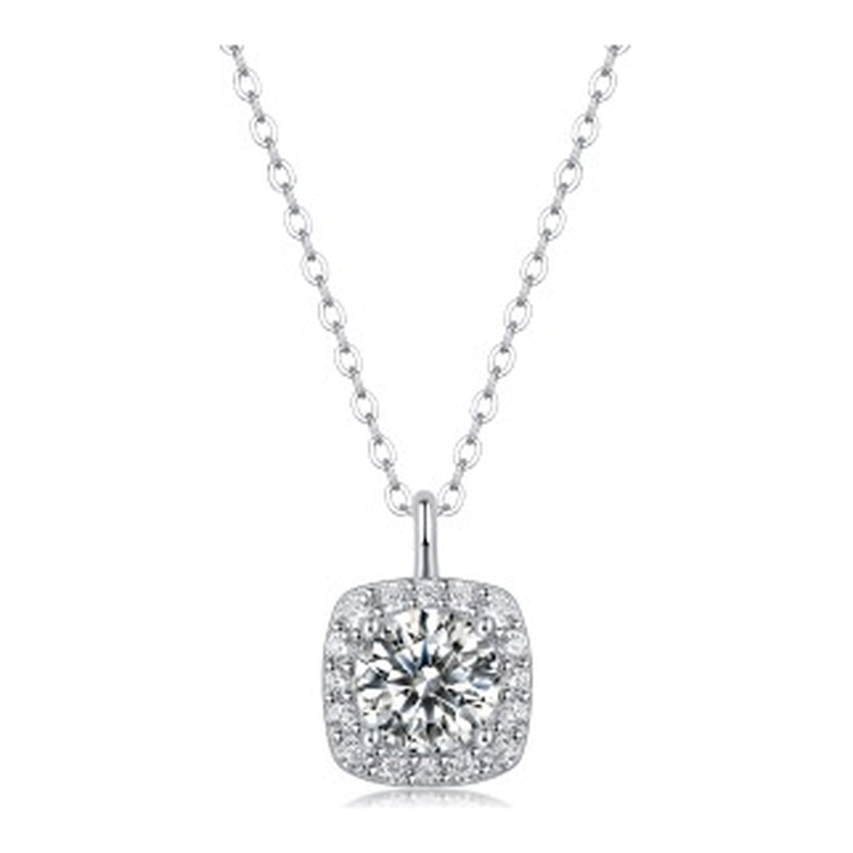 Cushion 1 Carat Moissanite Halo Pendant Necklace in Sterling Silver