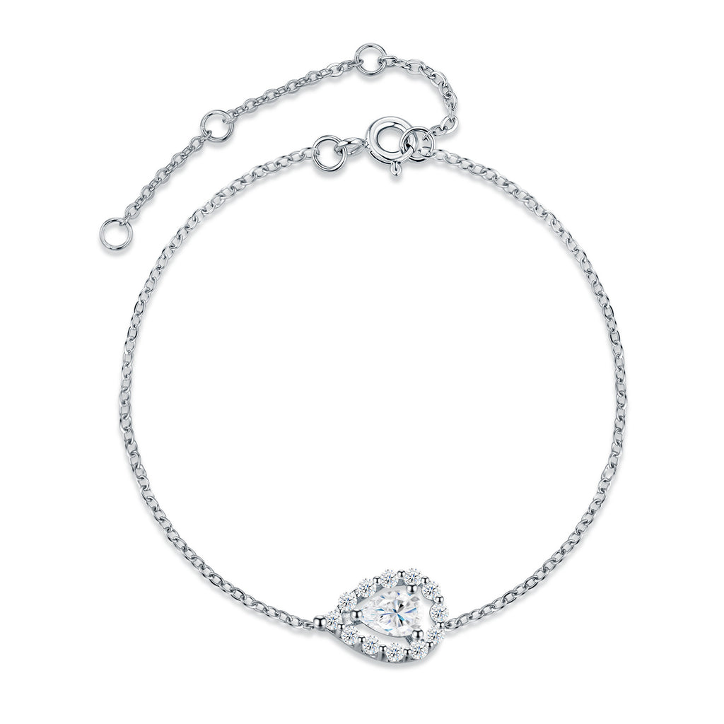 Brina Pear-Cut Moissanite Halo Chain Bracelet in Sterling Silver, product photo on white background