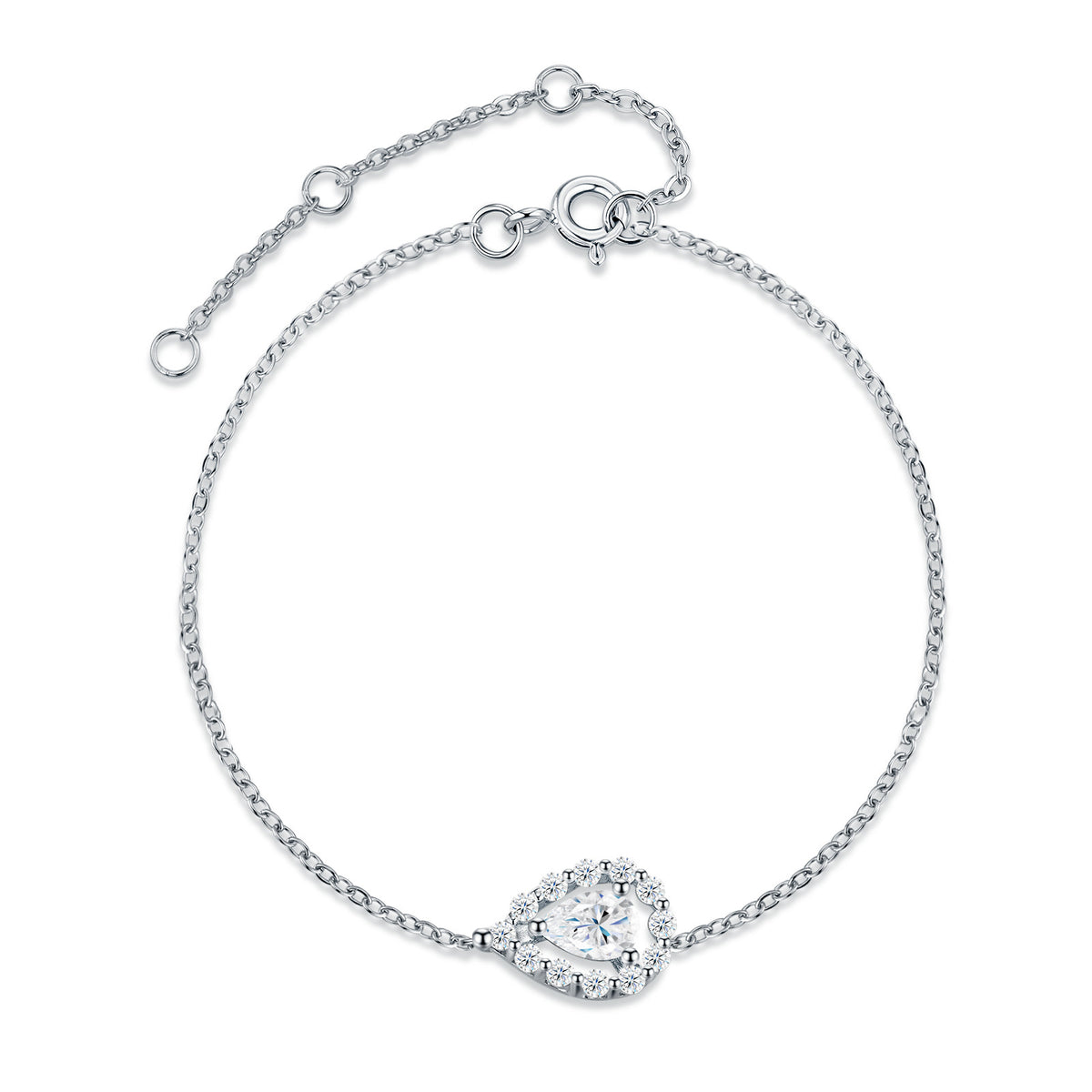 Brina Pear-Cut Moissanite Halo Chain Bracelet in Sterling Silver, product photo on white background