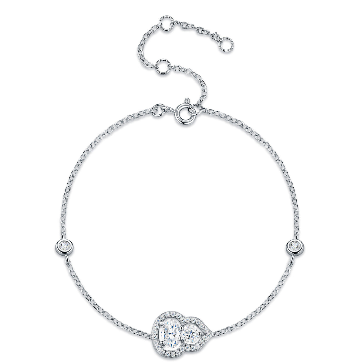 Benedetta Oval-Cut Moissanite Halo Chain Bracelet in Sterling Silver, product photo on white background