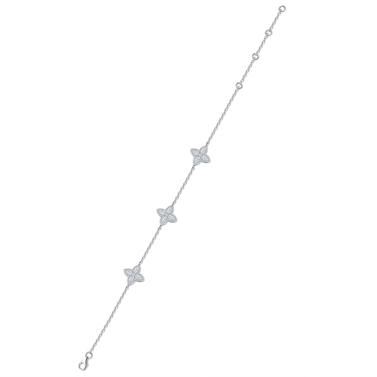 Biancospino Moissanite Flower Station Bracelet in Sterling Silver, product photo on white background