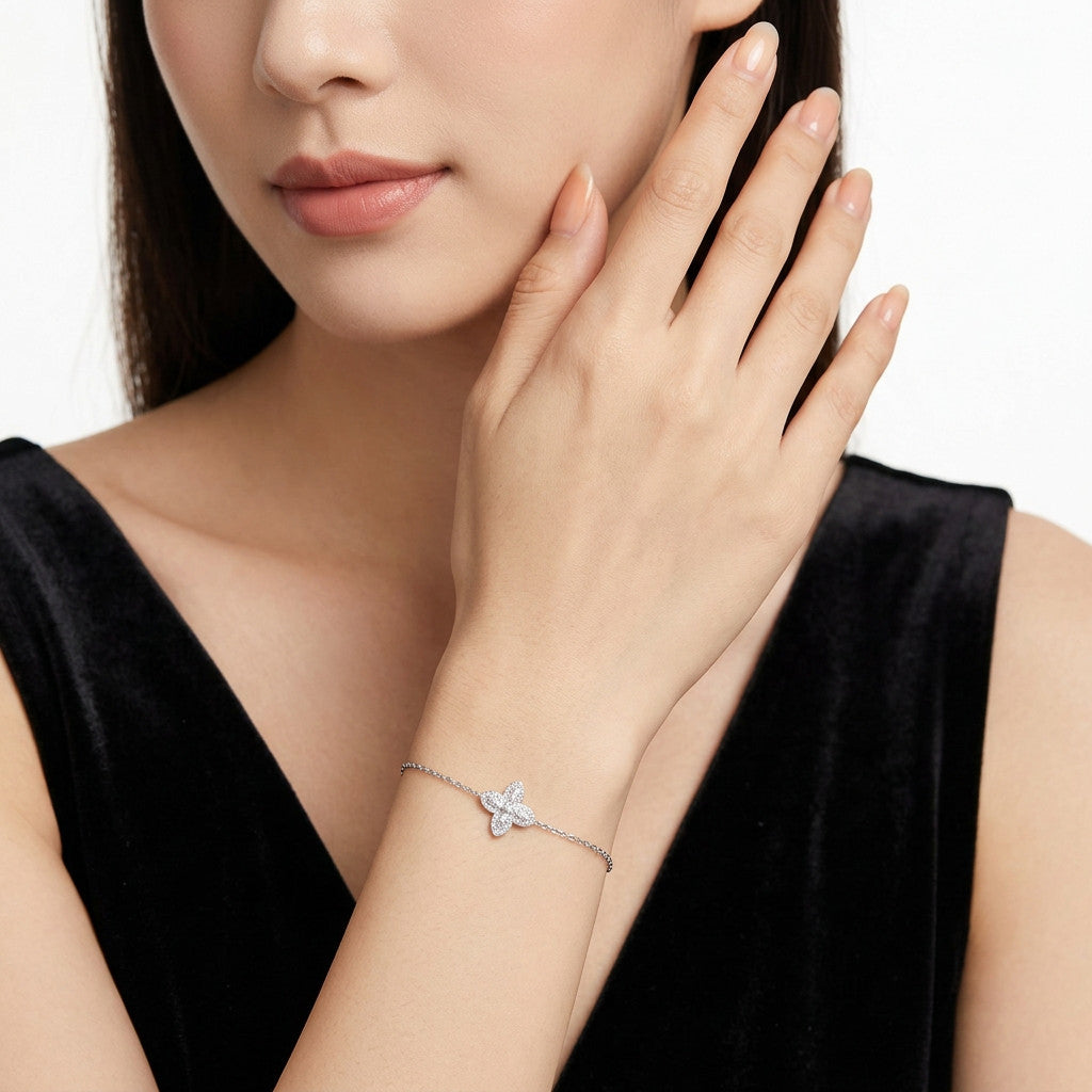Bocciolo Moissanite Flower Chain Bracelet in Sterling Silver, shown worn