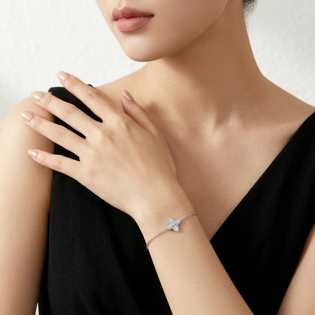 Bocciolo Moissanite Flower Chain Bracelet in Sterling Silver, shown worn