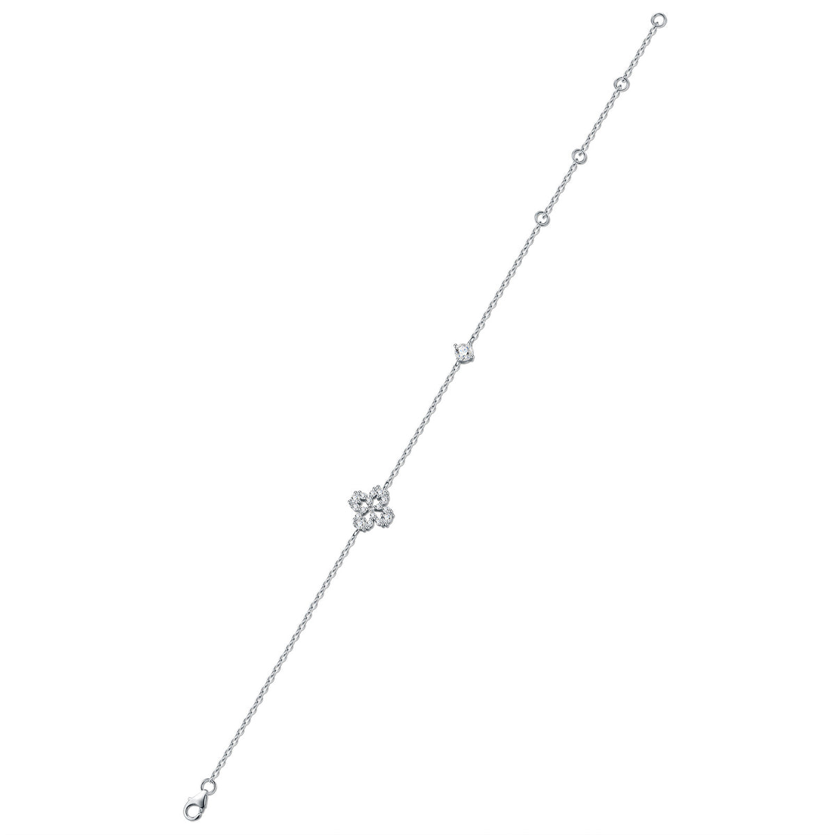Augurio Moissanite Clover Chain Bracelet in Sterling Silver, product photo on white background