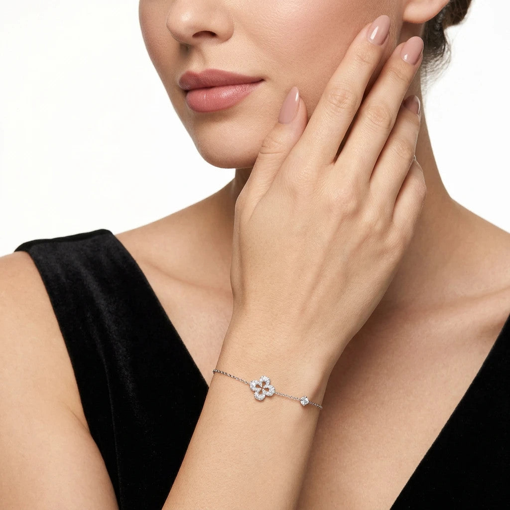 Augurio Moissanite Clover Chain Bracelet in Sterling Silver, shown worn