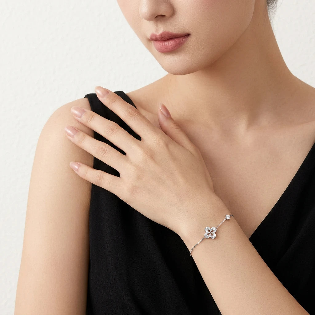 Augurio Moissanite Clover Chain Bracelet in Sterling Silver, shown worn