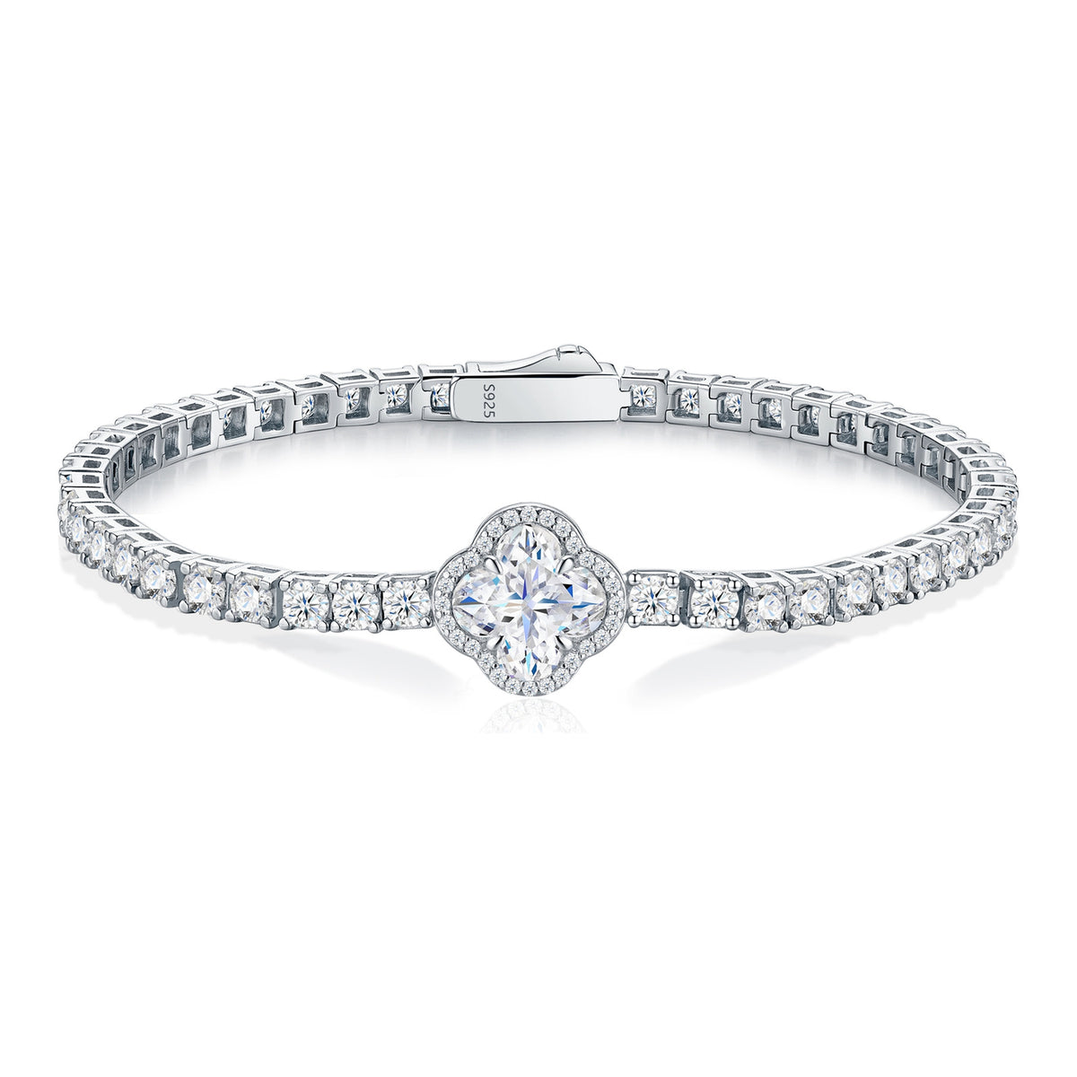 Auspicio Moissanite Clover Halo Tennis Bracelet in Sterling Silver