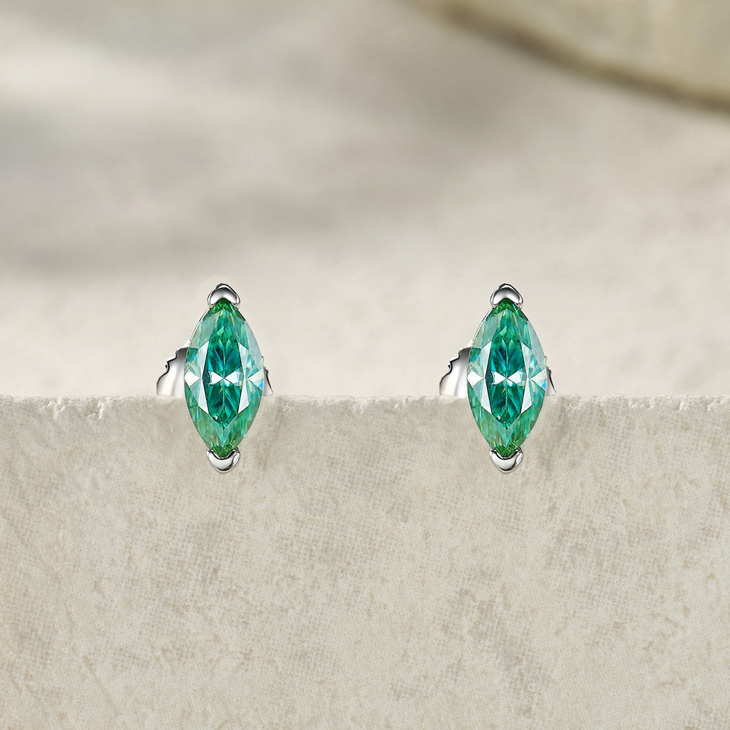 Baia Marquise-Cut Teal Moissanite Stud Earrings in Sterling Silver, styled product photo