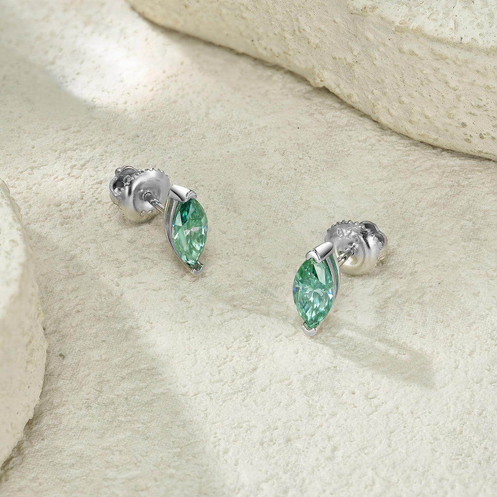 Baia Marquise-Cut Teal Moissanite Stud Earrings in Sterling Silver, styled product photo