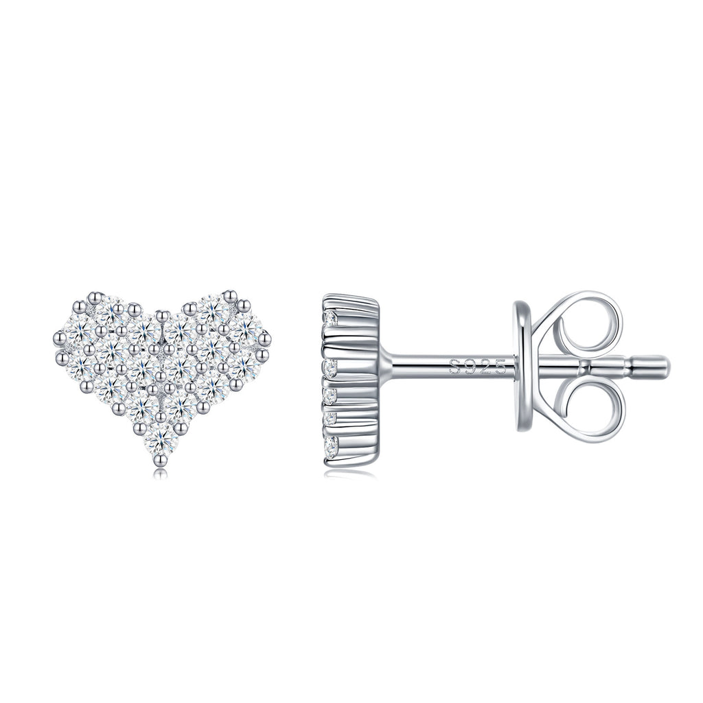 Bacetto Moissanite Heart Cluster Stud Earrings in Sterling Silver, product photo on white background