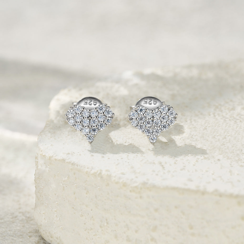 Bacetto Moissanite Heart Cluster Stud Earrings in Sterling Silver, styled product photo