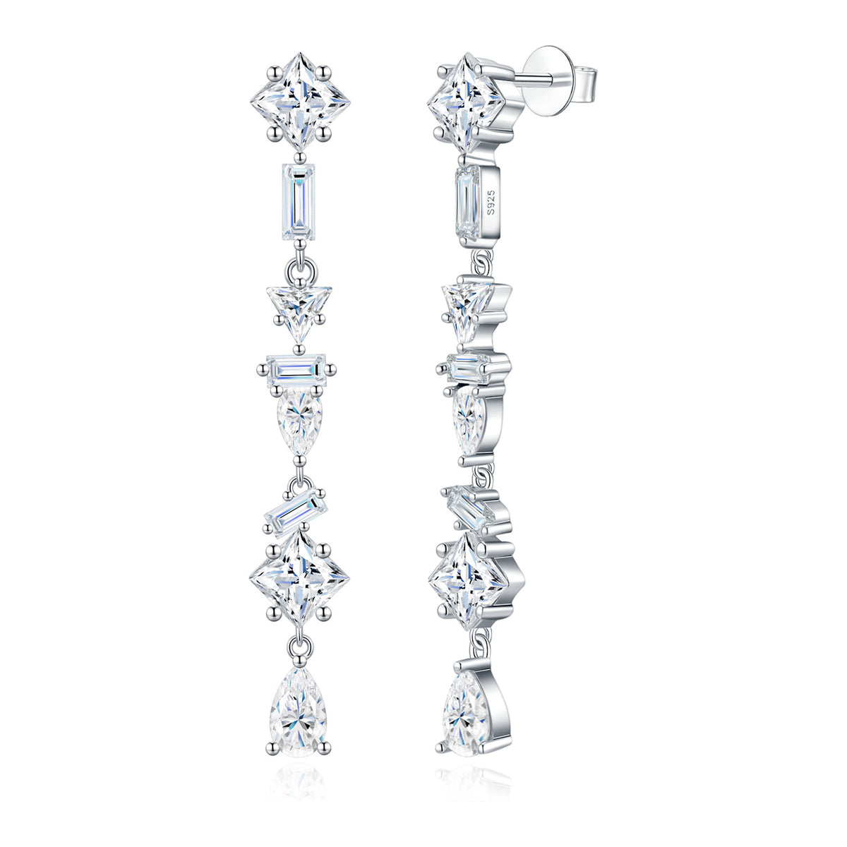 Caleidoscopio Mixed-Cut Moissanite Drop Earrings in Sterling Silver