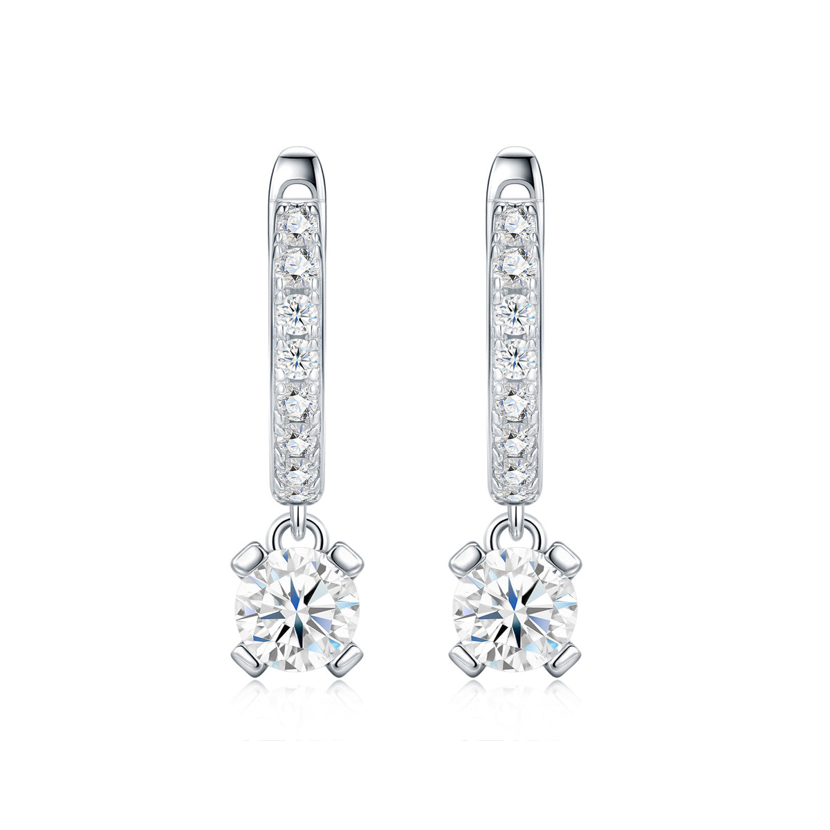 Altalena 0.5 Carat Moissanite Drop Huggie Earrings in Sterling Silver, product photo on white background