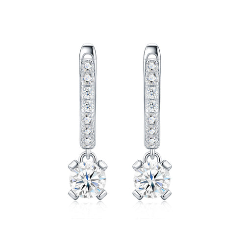 Altalena 0.5 Carat Moissanite Drop Huggie Earrings in Sterling Silver, product photo on white background
