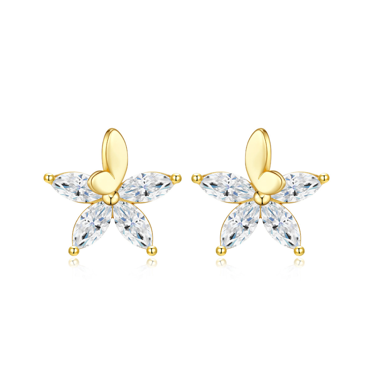 Crisalide Moissanite Flower Stud Earrings in Gold-Tone Sterling Silver, product photo on white background