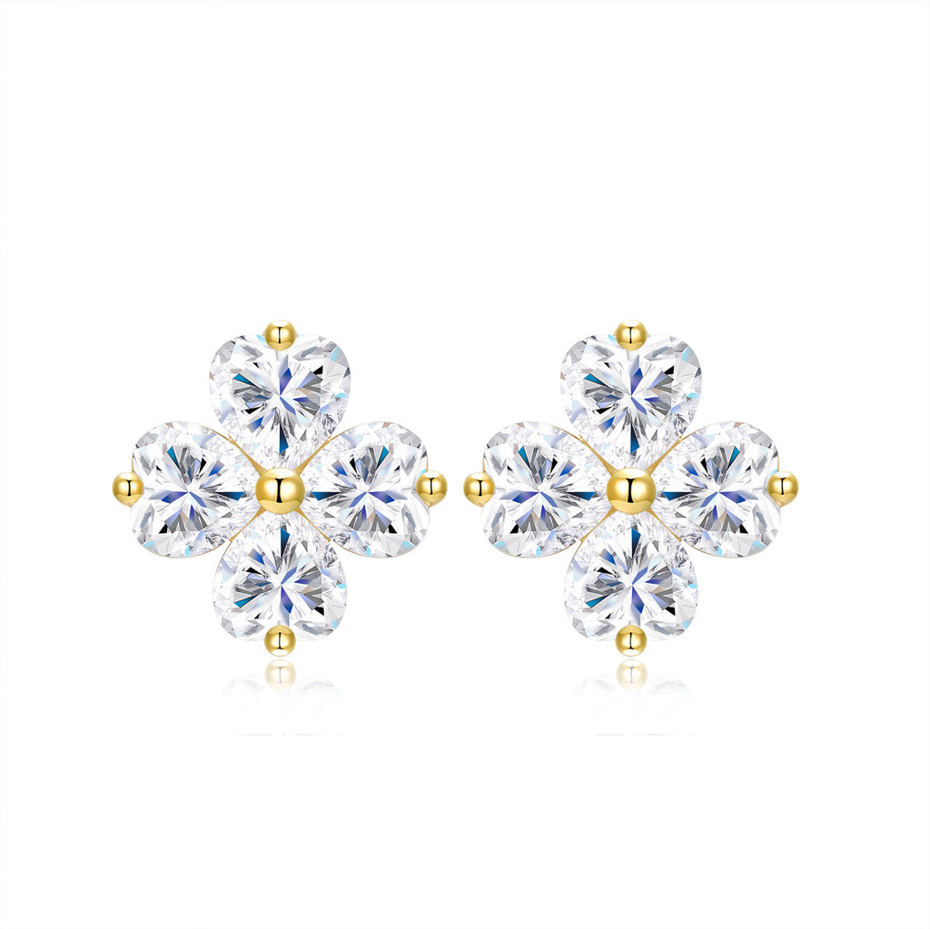 Cuordolce Moissanite Clover Stud Earrings in Gold-Tone Sterling Silver, product photo on white background