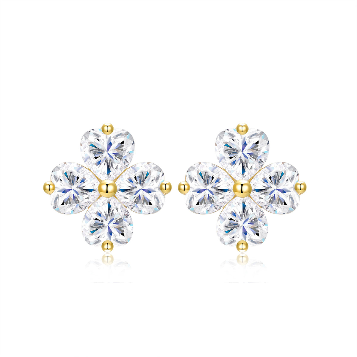 Cuordolce Moissanite Clover Stud Earrings in Gold-Tone Sterling Silver, product photo on white background