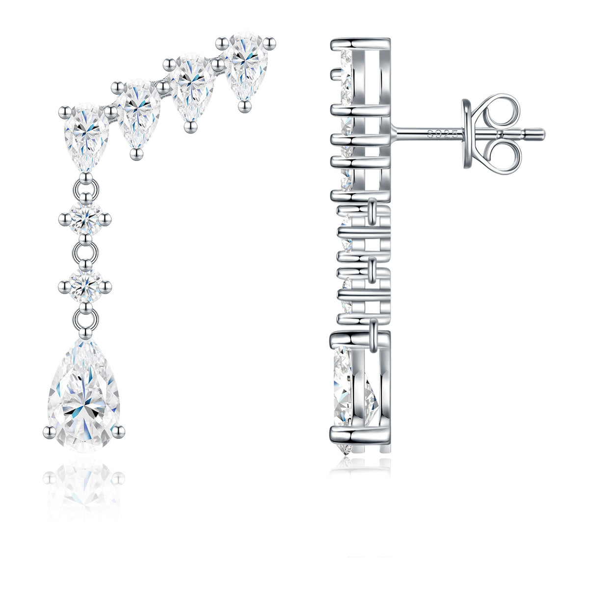 Arabesco Pear-Cut Moissanite Climber Drop Earrings in Sterling Silver